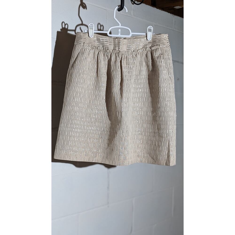 Talbots Tan Woven Skirt Metallic Silver Vertical Stripes Straight Skirt 6 Petite
